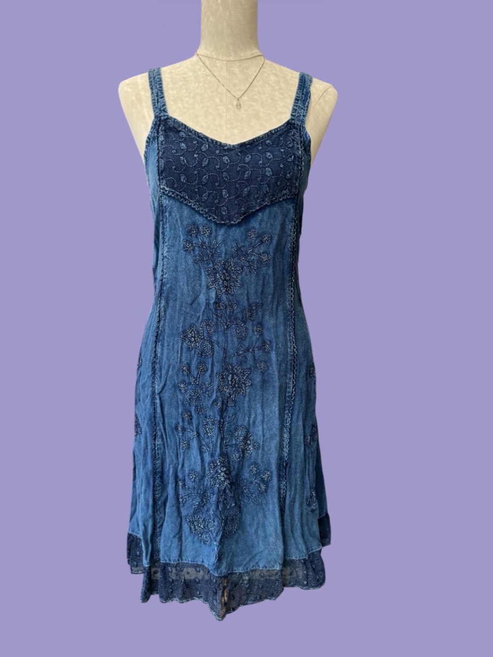 Vintage Y2K Dark Blue Embroidered Midi / Mini Boho Fairy Lace Trim Slip Dress